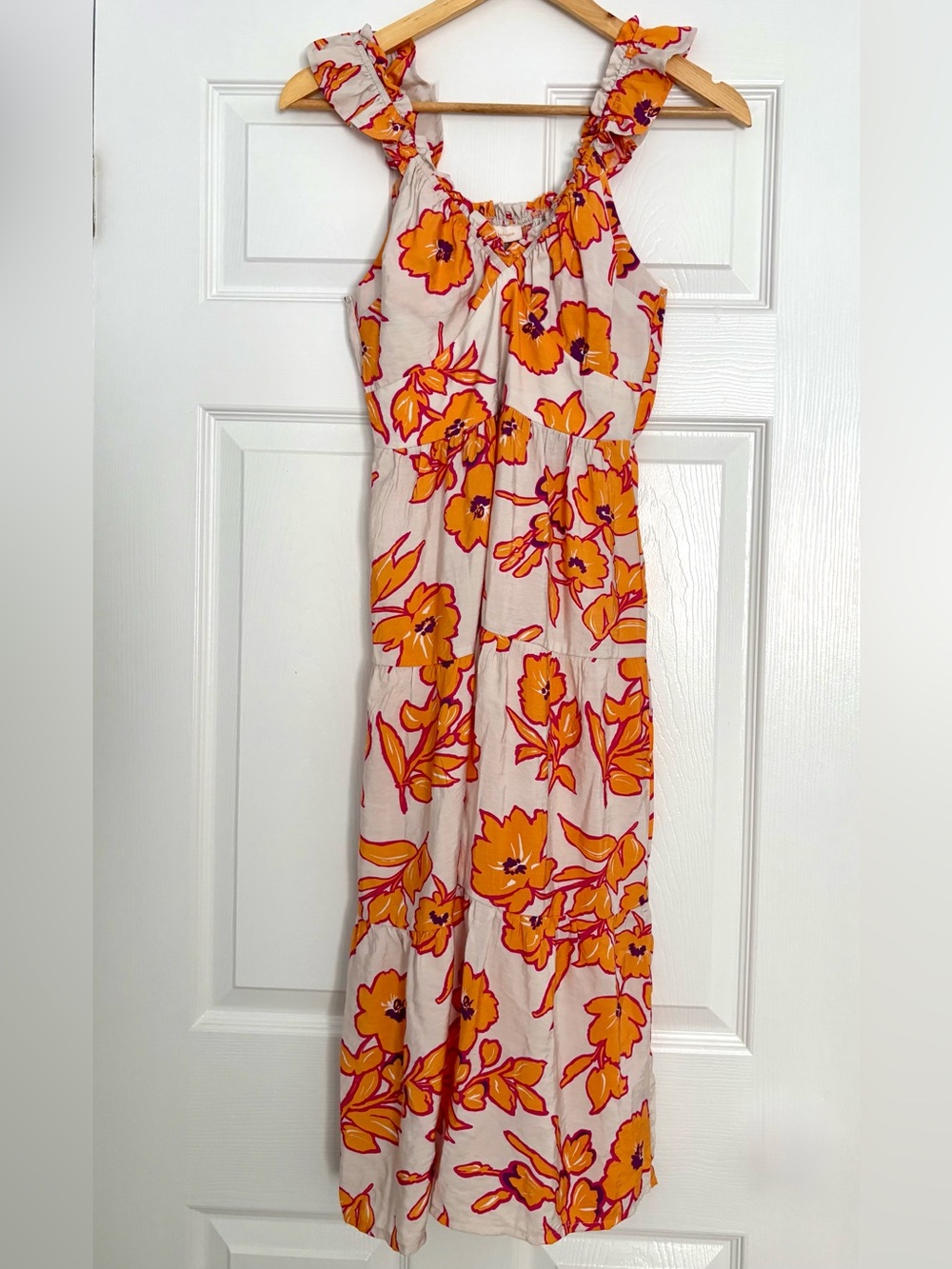 Orange Floral Midi Dress Summer Boho Dress, Sz S